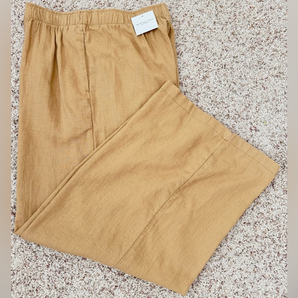 Women's American Eagle Elastic Waist Pants  Camel Wide Leg Linen Blend Pockets M